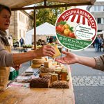 An einem Marktstand im Freien, an dem Käse, Brot und Gläser angeboten werden, reicht ein Verkäufer einem Kunden ein Stück Käse. Ein rundes Schild wirbt für die Veranstaltung „Biosphärenmarkt“, die vom 02.10. bis zum 04.10.2026 in St. Ingbert stattfindet.