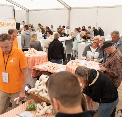 In einem weißen Zelt stöbern zahlreiche Menschen an Tischen, die mit orange karierten Tüchern bedeckt sind und auf denen Plüschtiere ausliegen. Freiwillige helfen den Besuchern. Ein Schild mit der Aufschrift Pressemitteilung stellt in dieser lebhaften, geselligen Atmosphäre Sleepy vor, einen Plüschbären.
